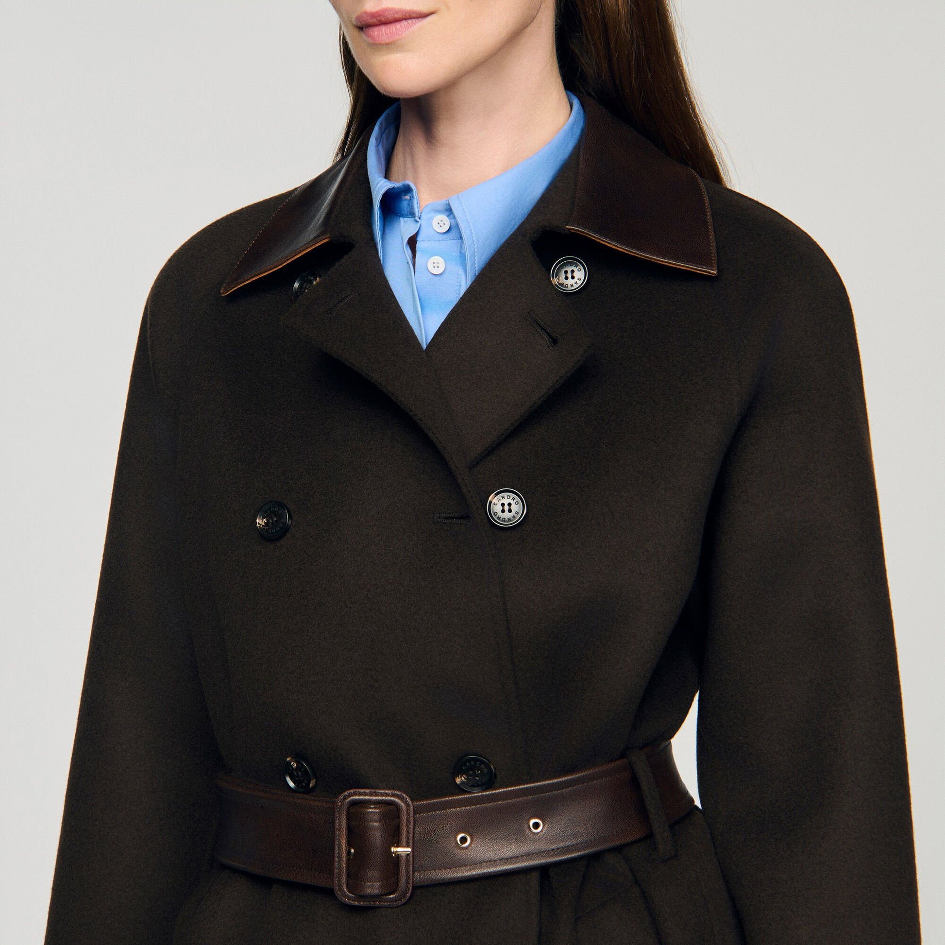 Sandro Long wool and leather coat Brown