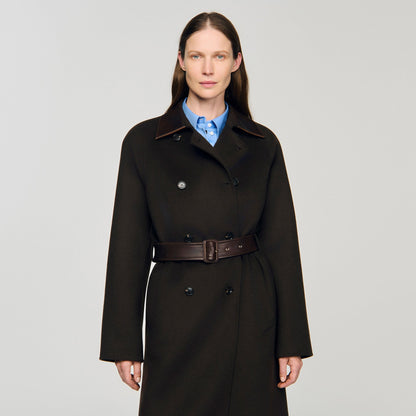 Sandro Long wool and leather coat Brown