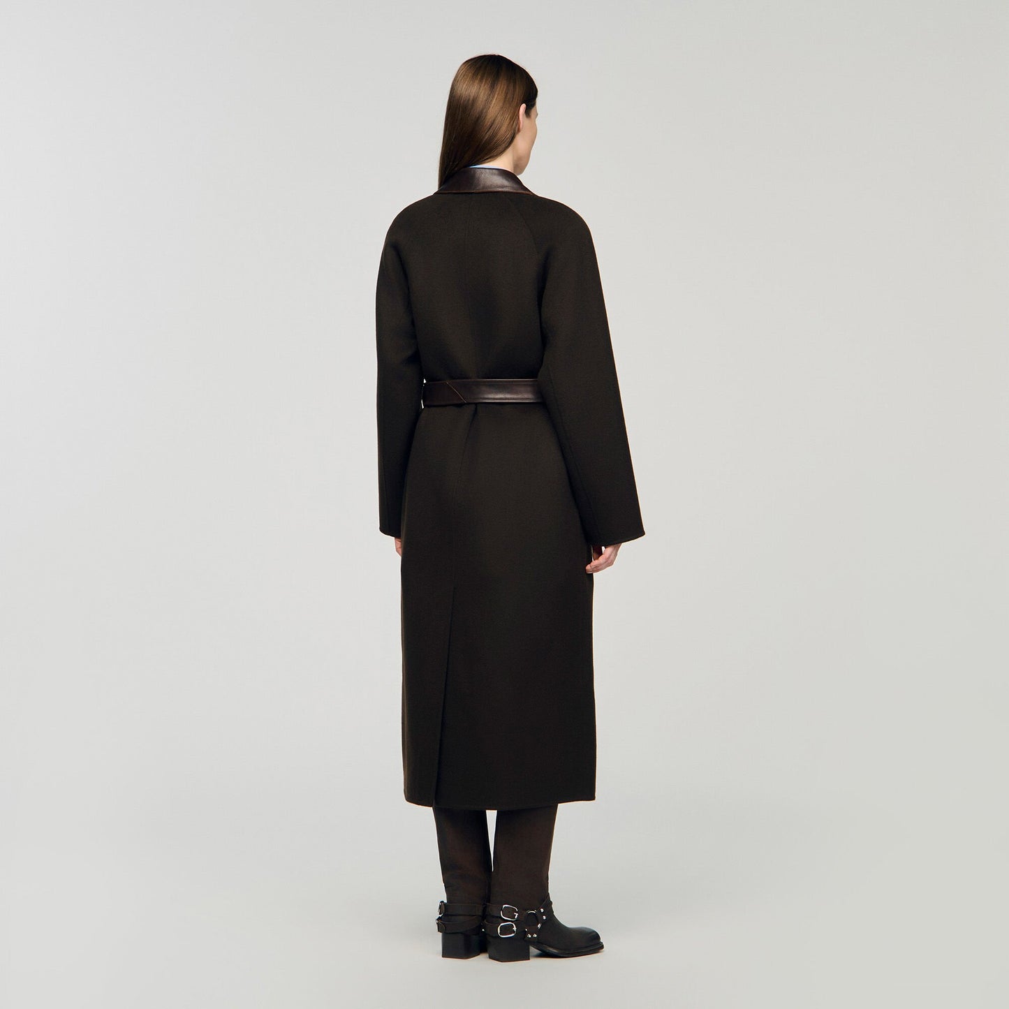 Sandro Long wool and leather coat Brown