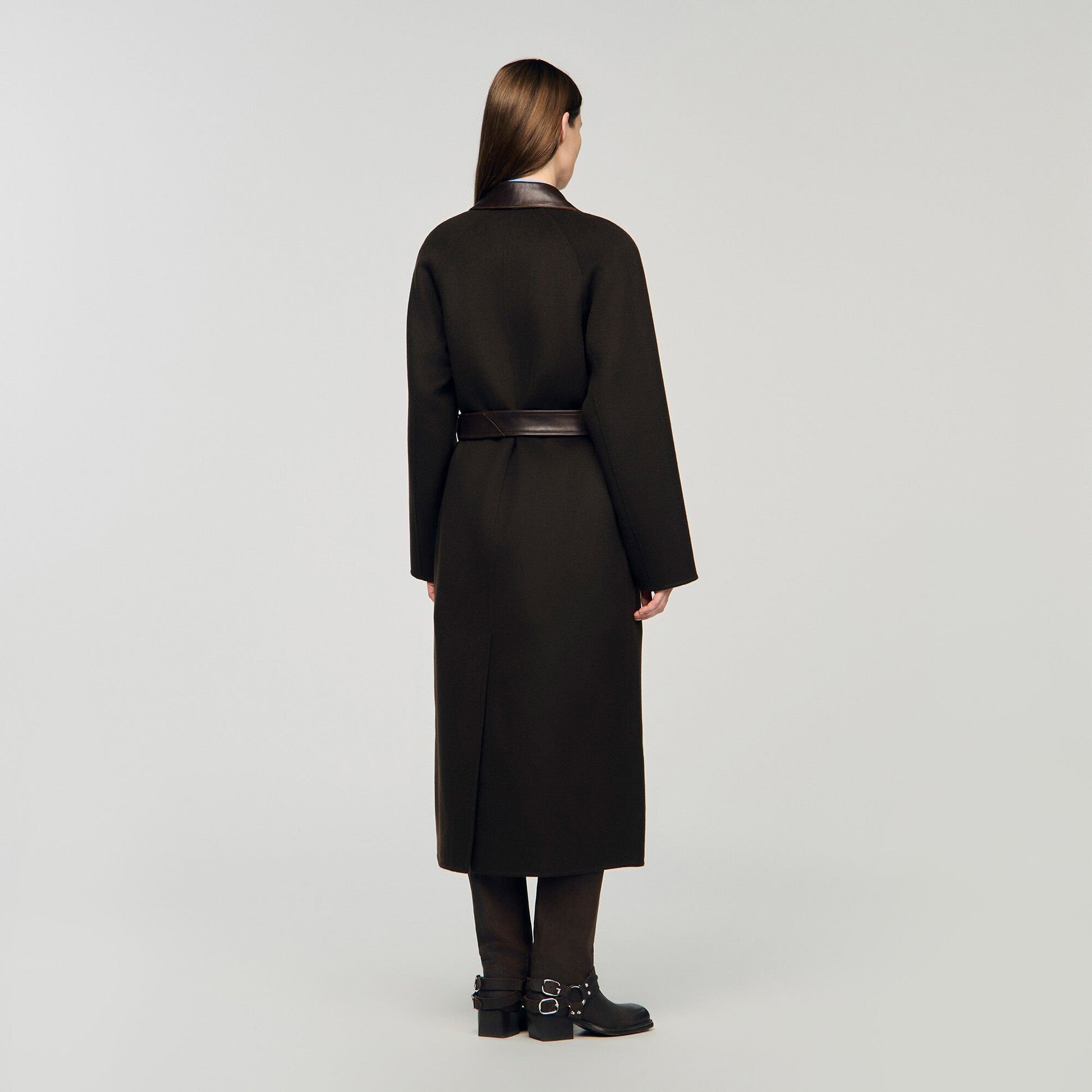Sandro Long wool and leather coat Brown