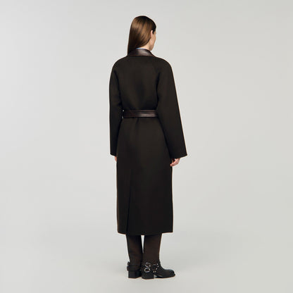 Sandro Long wool and leather coat Brown