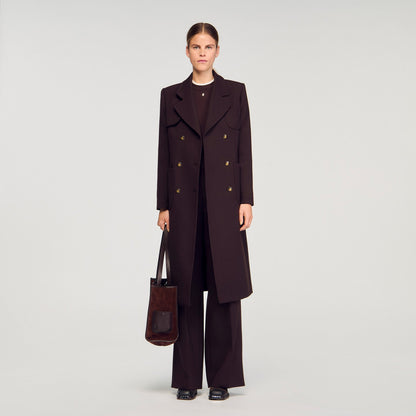 Sandro Long double-breasted coat Brown
