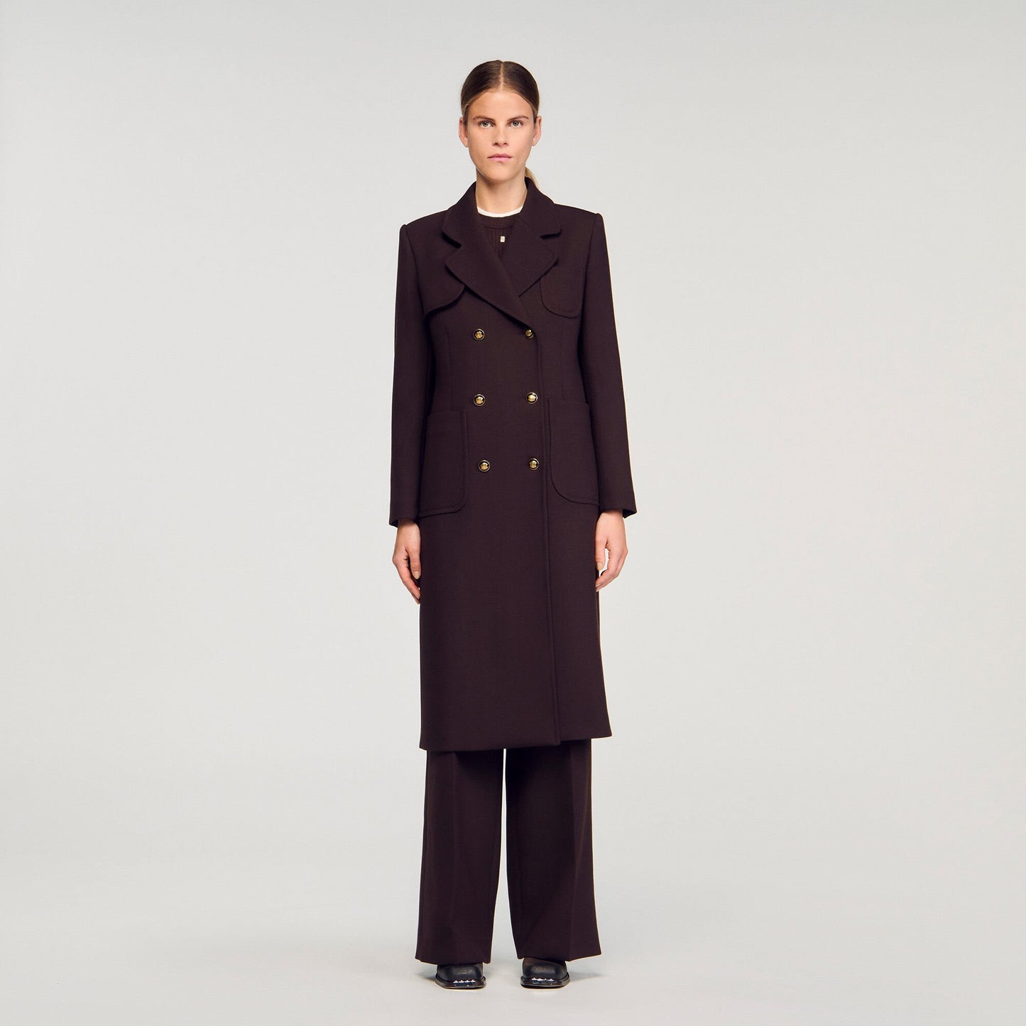 Sandro Long double-breasted coat Brown