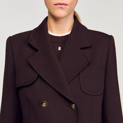 Sandro Long double-breasted coat Brown
