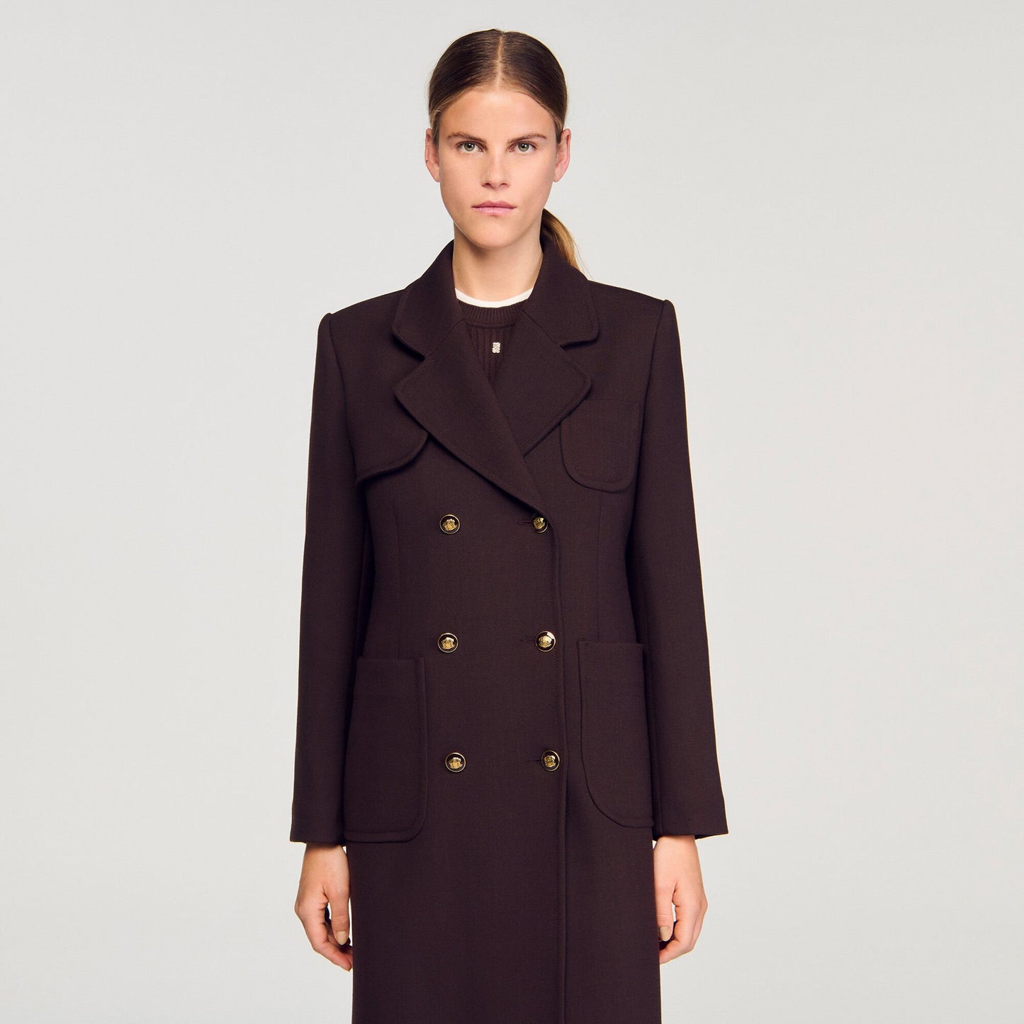 Sandro Long double-breasted coat Brown