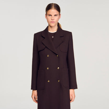 Sandro Long double-breasted coat Brown