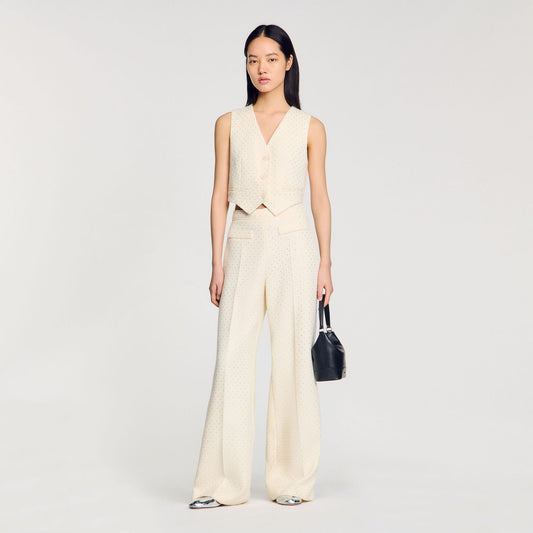 Sandro Tweed rhinestone-covered trousers Ecru