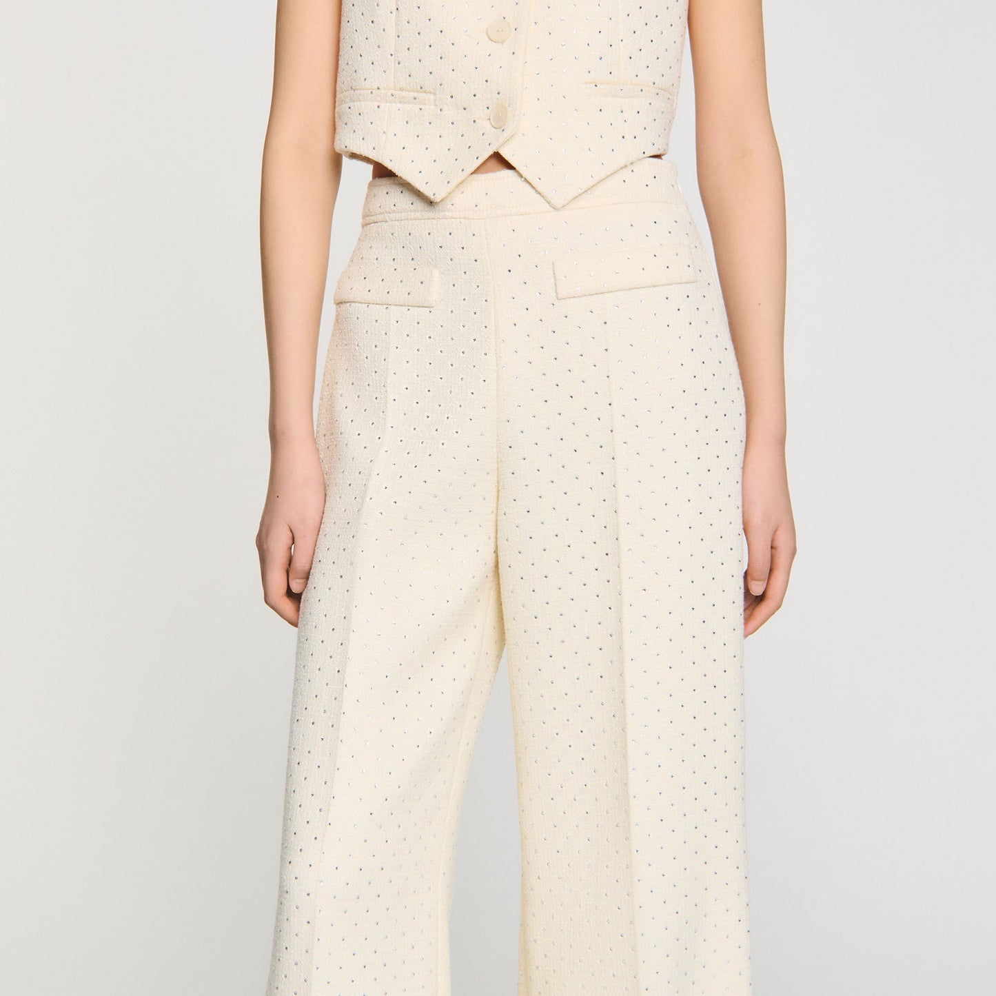Sandro Tweed rhinestone-covered trousers Ecru