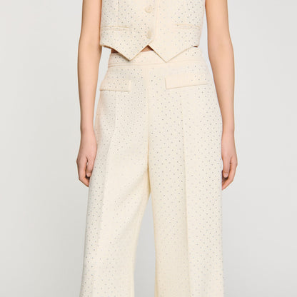 Sandro Tweed rhinestone-covered trousers Ecru
