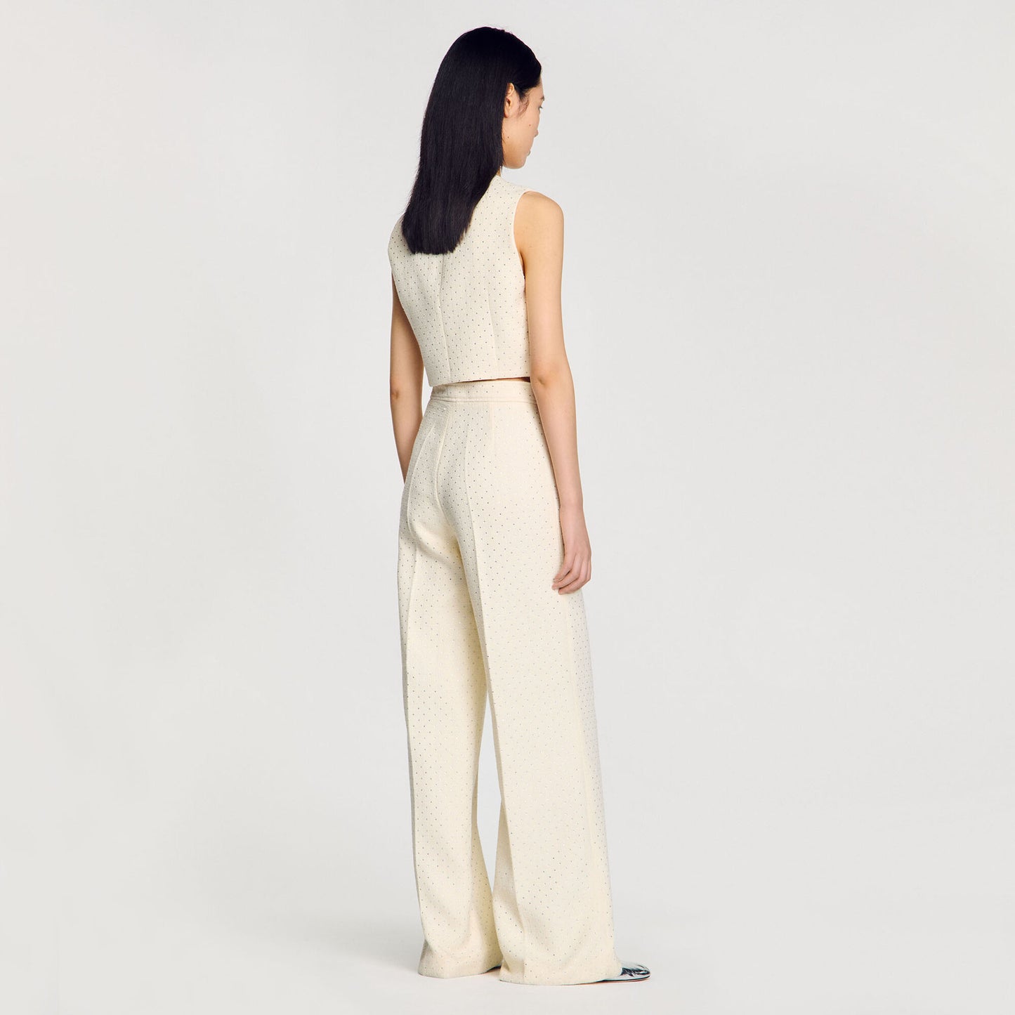 Sandro Tweed rhinestone-covered trousers Ecru