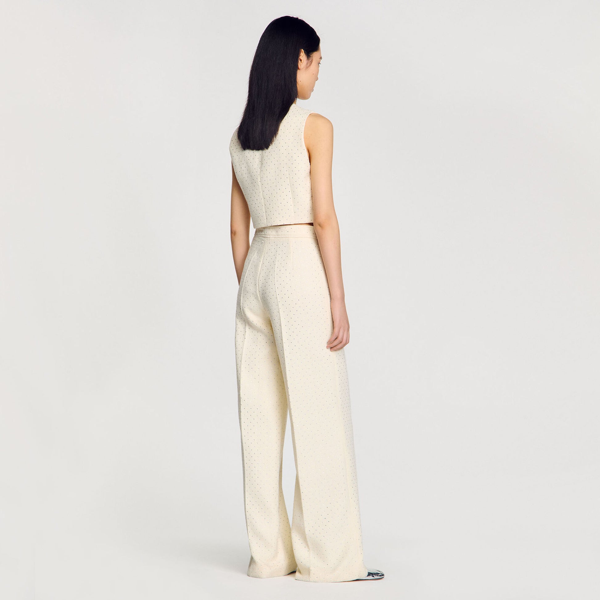 Sandro Tweed rhinestone-covered trousers Ecru