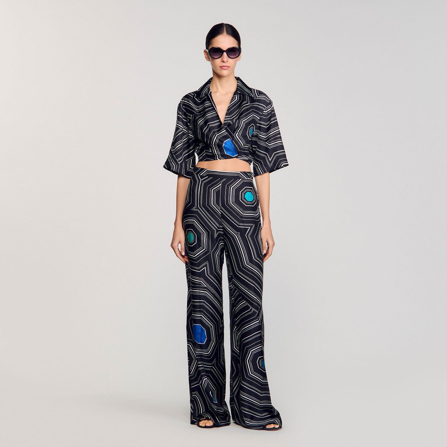 Sandro Spiral-print silk trousers Black