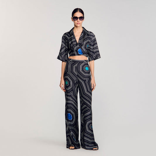 Sandro Spiral-print silk trousers Black