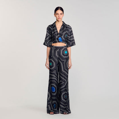 Sandro Spiral-print silk trousers Black