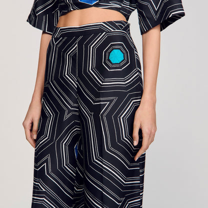 Sandro Spiral-print silk trousers Black