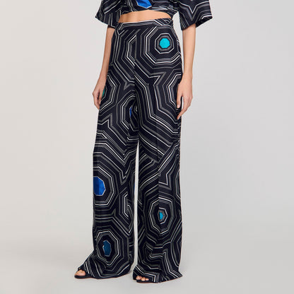 Sandro Spiral-print silk trousers Black