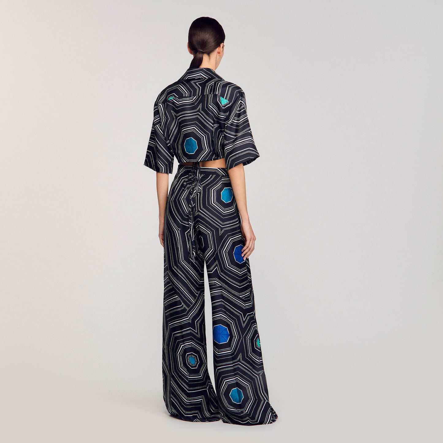 Sandro Spiral-print silk trousers Black