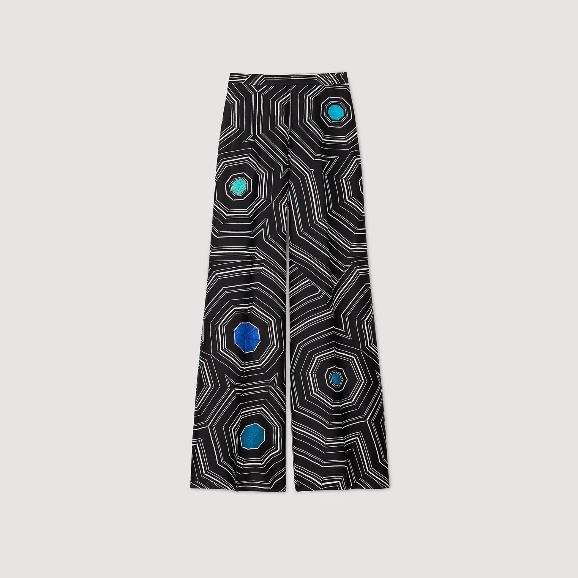 Sandro Spiral-print silk trousers Black