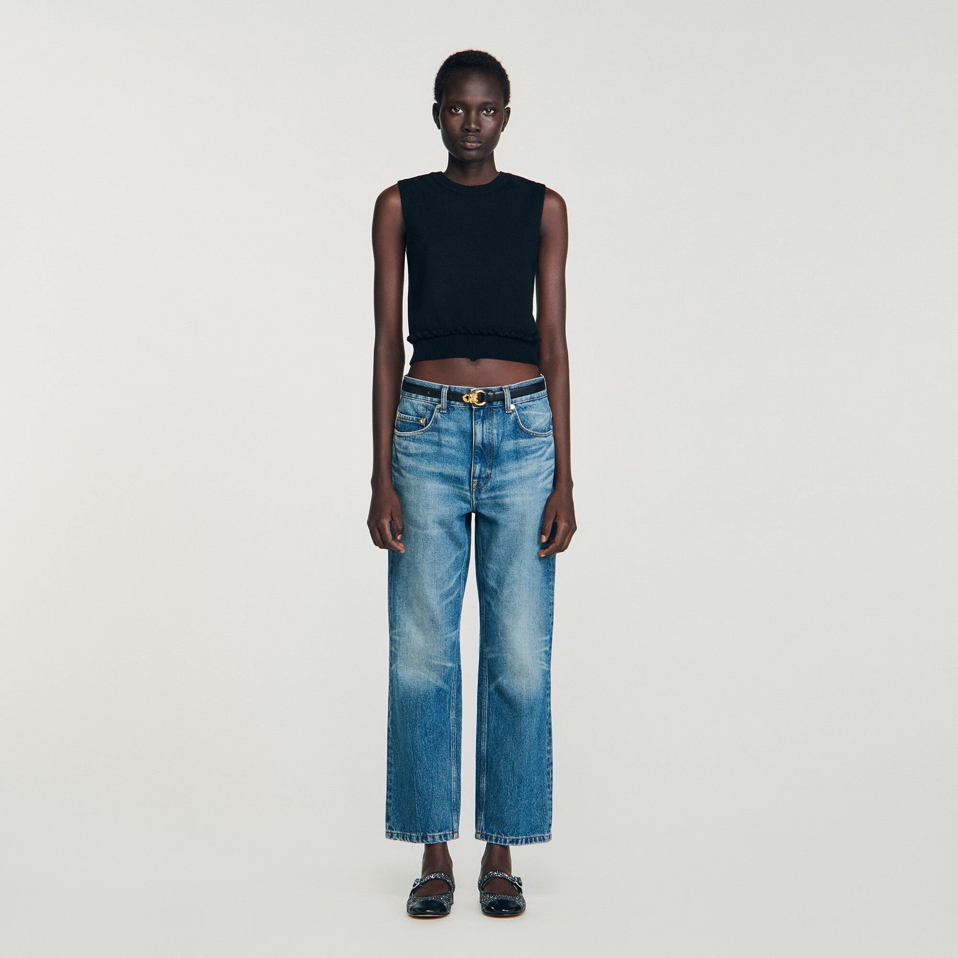 Sandro Ruffled cropped sweater Black