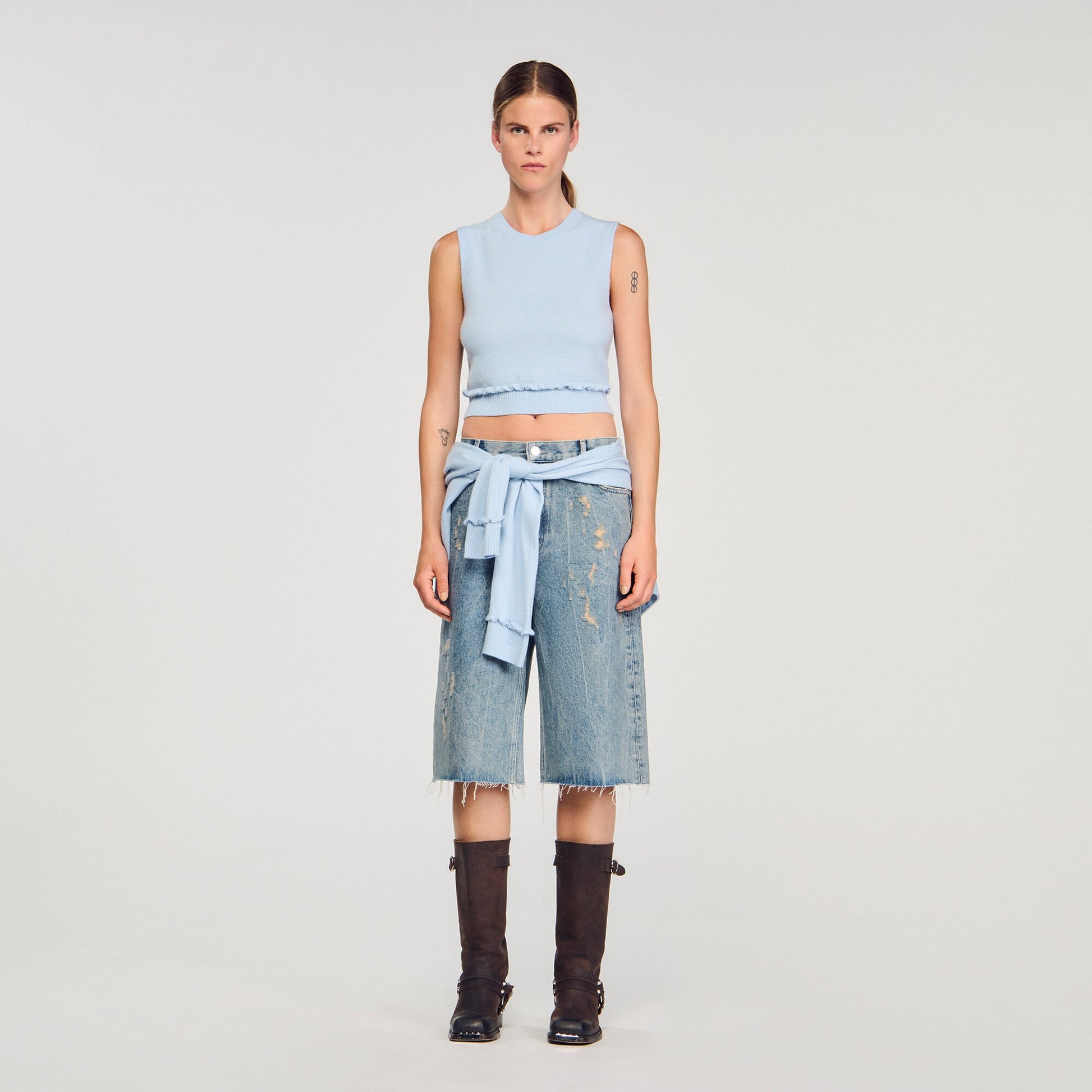 Sandro Ruffled cropped sweater Sky Blue