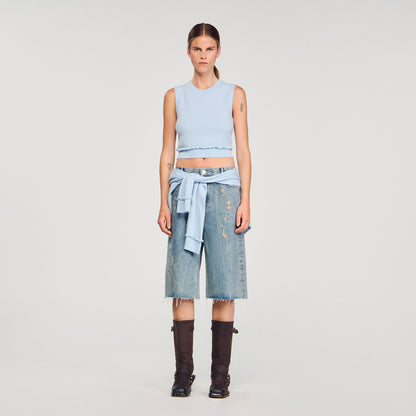 Sandro Ruffled cropped sweater Sky Blue