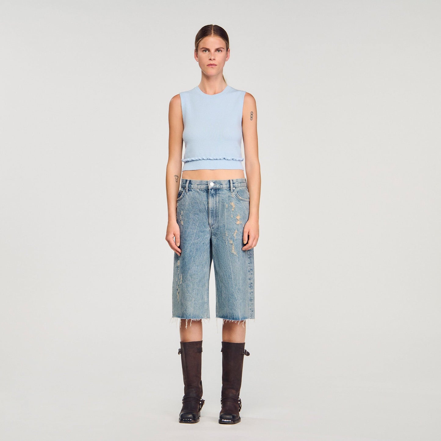 Sandro Ruffled cropped sweater Sky Blue