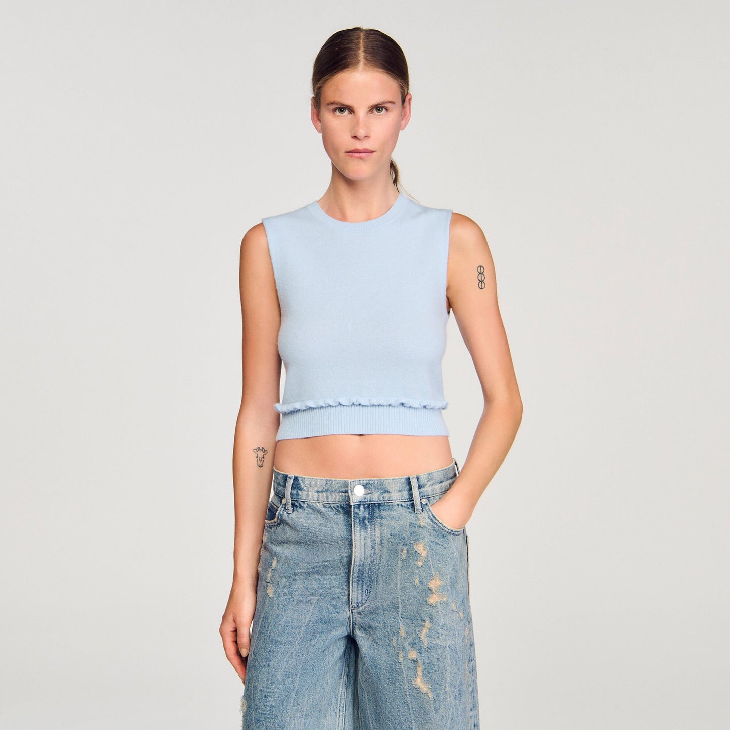 Sandro Ruffled cropped sweater Sky Blue