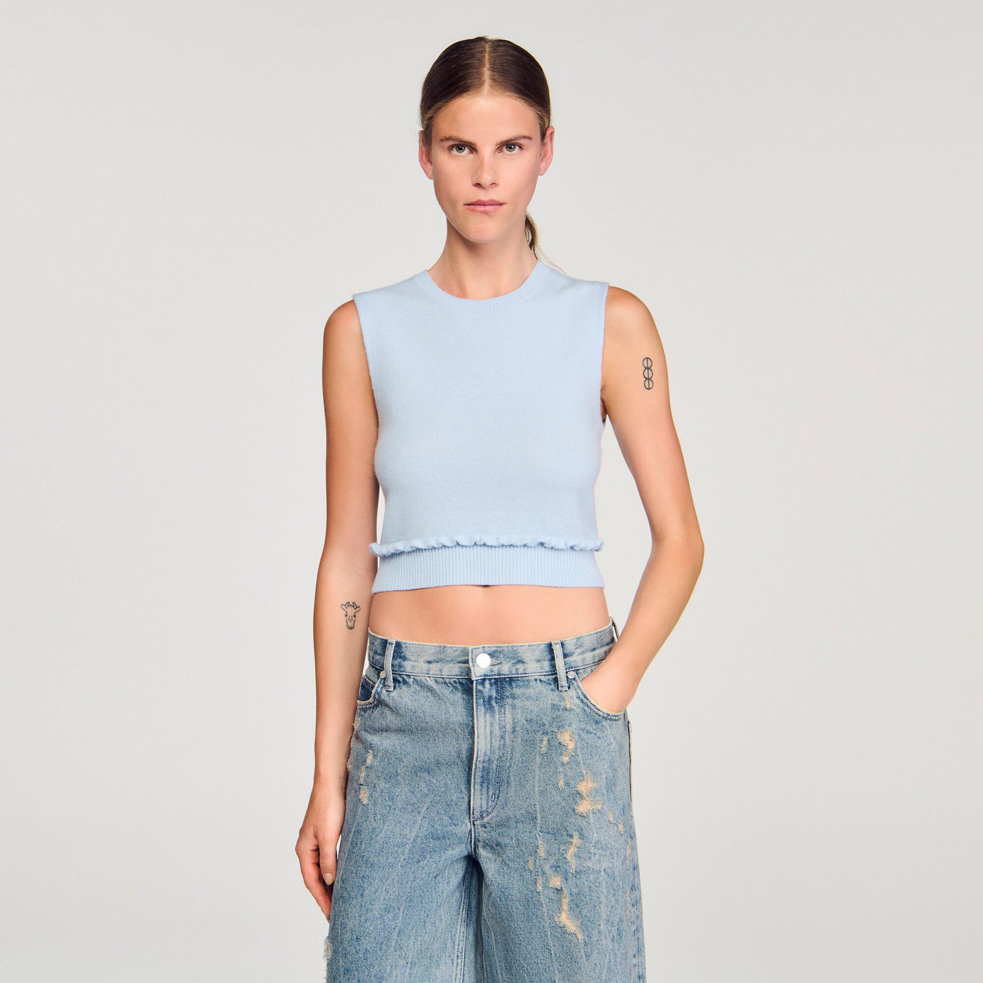 Sandro Ruffled cropped sweater Sky Blue