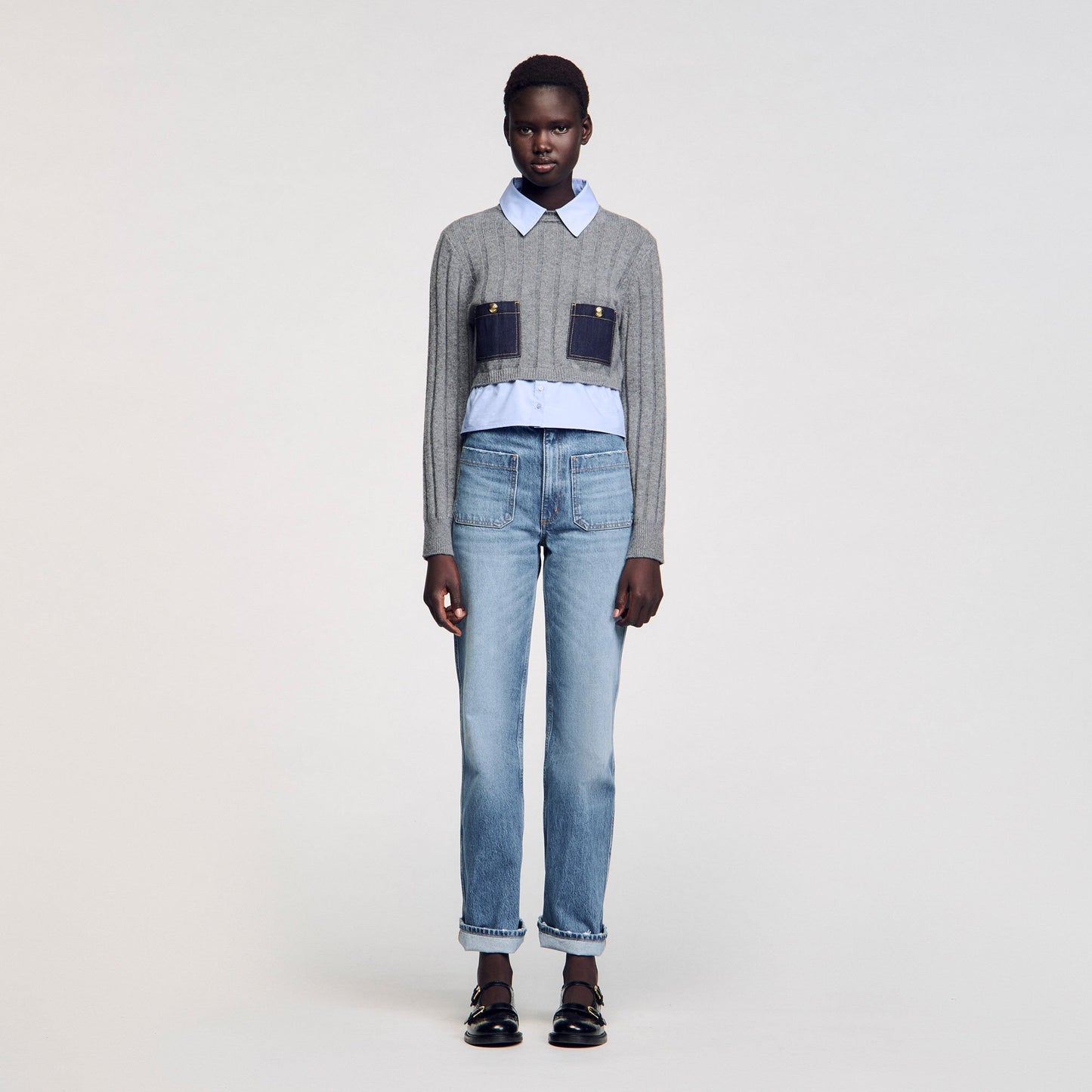 Sandro Cropped wool and cashmere sweater Grey