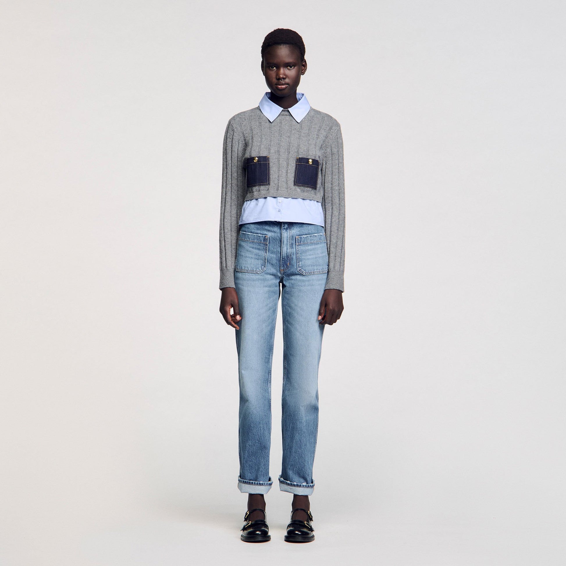 Sandro Cropped wool and cashmere sweater Grey