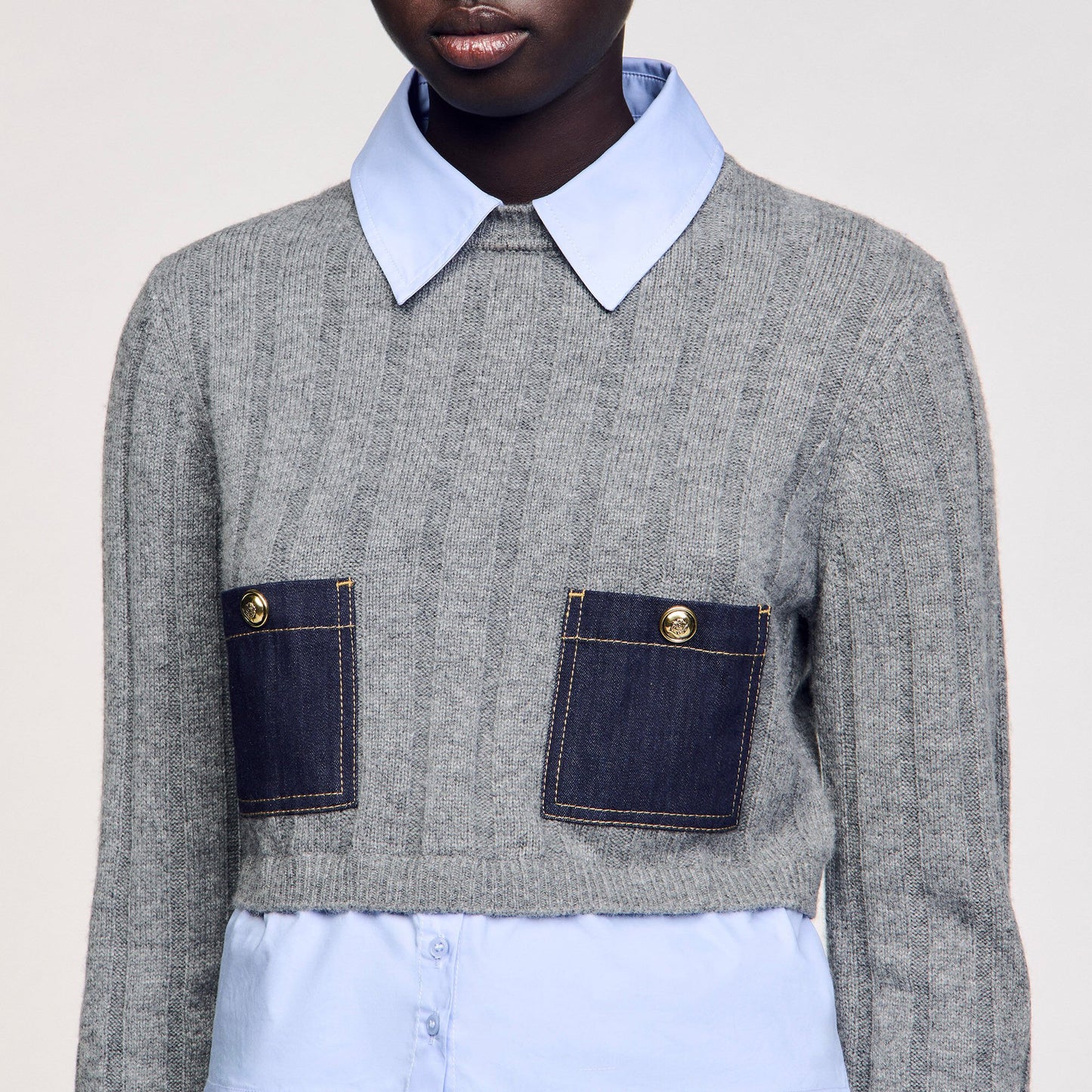 Sandro Cropped wool and cashmere sweater Grey