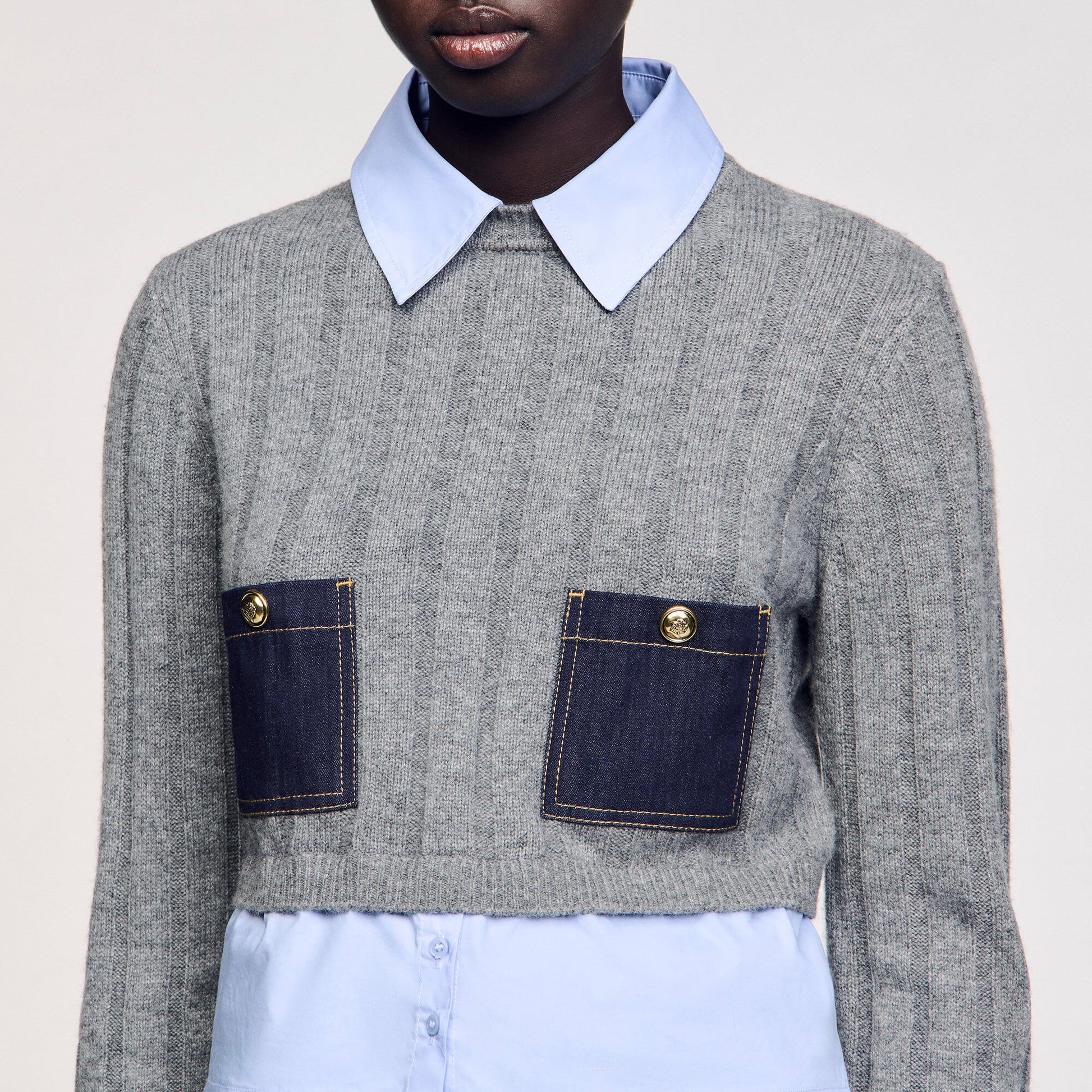 Sandro Cropped wool and cashmere sweater Grey