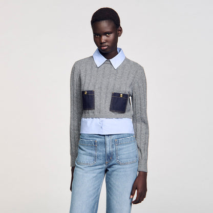 Sandro Cropped wool and cashmere sweater Grey