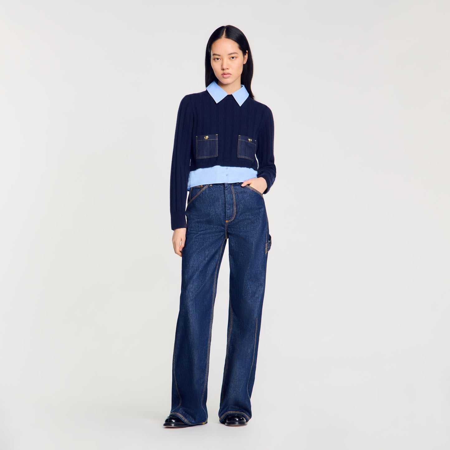 Sandro Cropped wool and cashmere sweater Navy Blue