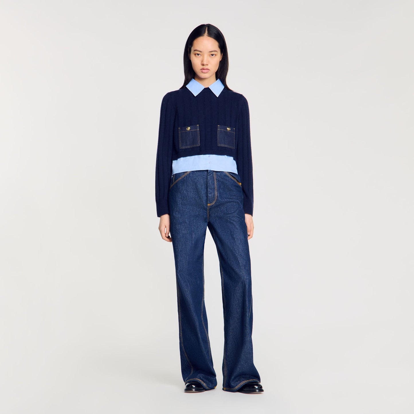 Sandro Cropped wool and cashmere sweater Navy Blue