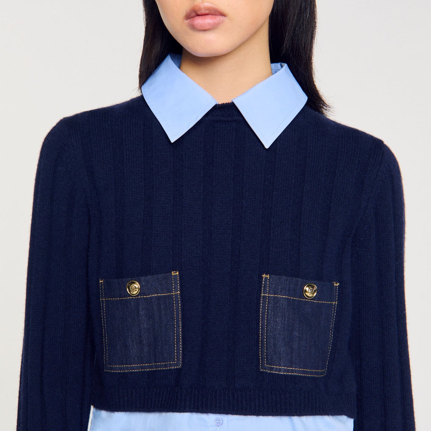 Sandro Cropped wool and cashmere sweater Navy Blue
