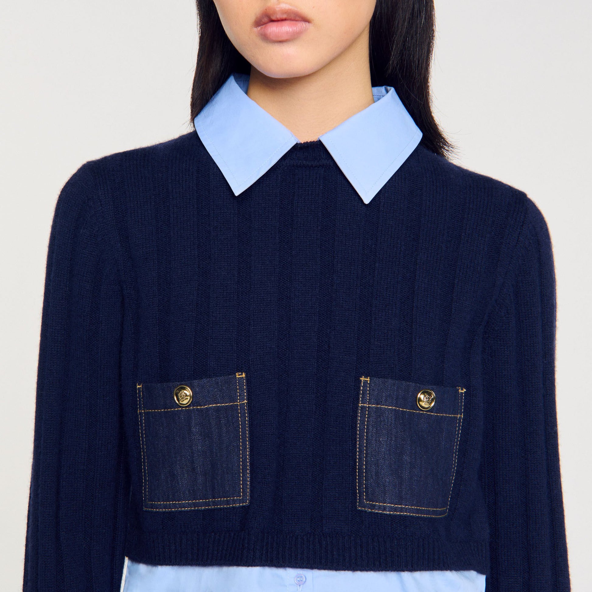 Sandro Cropped wool and cashmere sweater Navy Blue