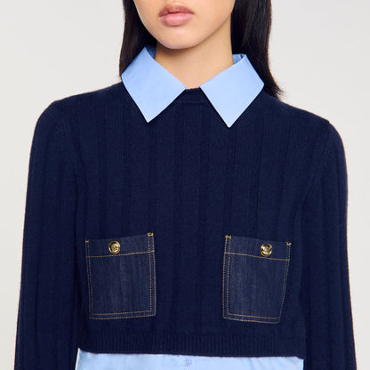 Sandro Cropped wool and cashmere sweater Navy Blue
