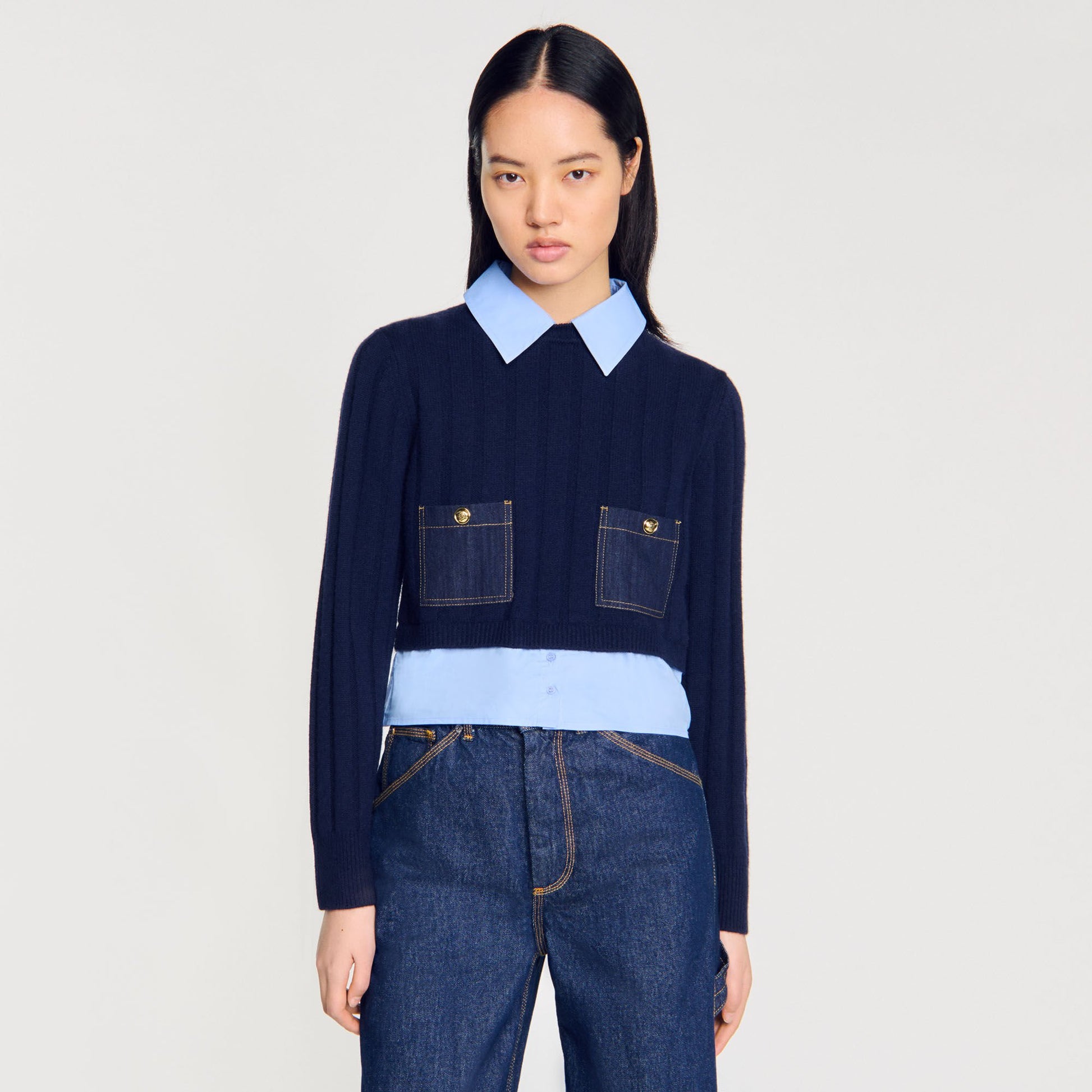 Sandro Cropped wool and cashmere sweater Navy Blue