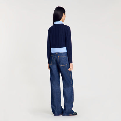 Sandro Cropped wool and cashmere sweater Navy Blue