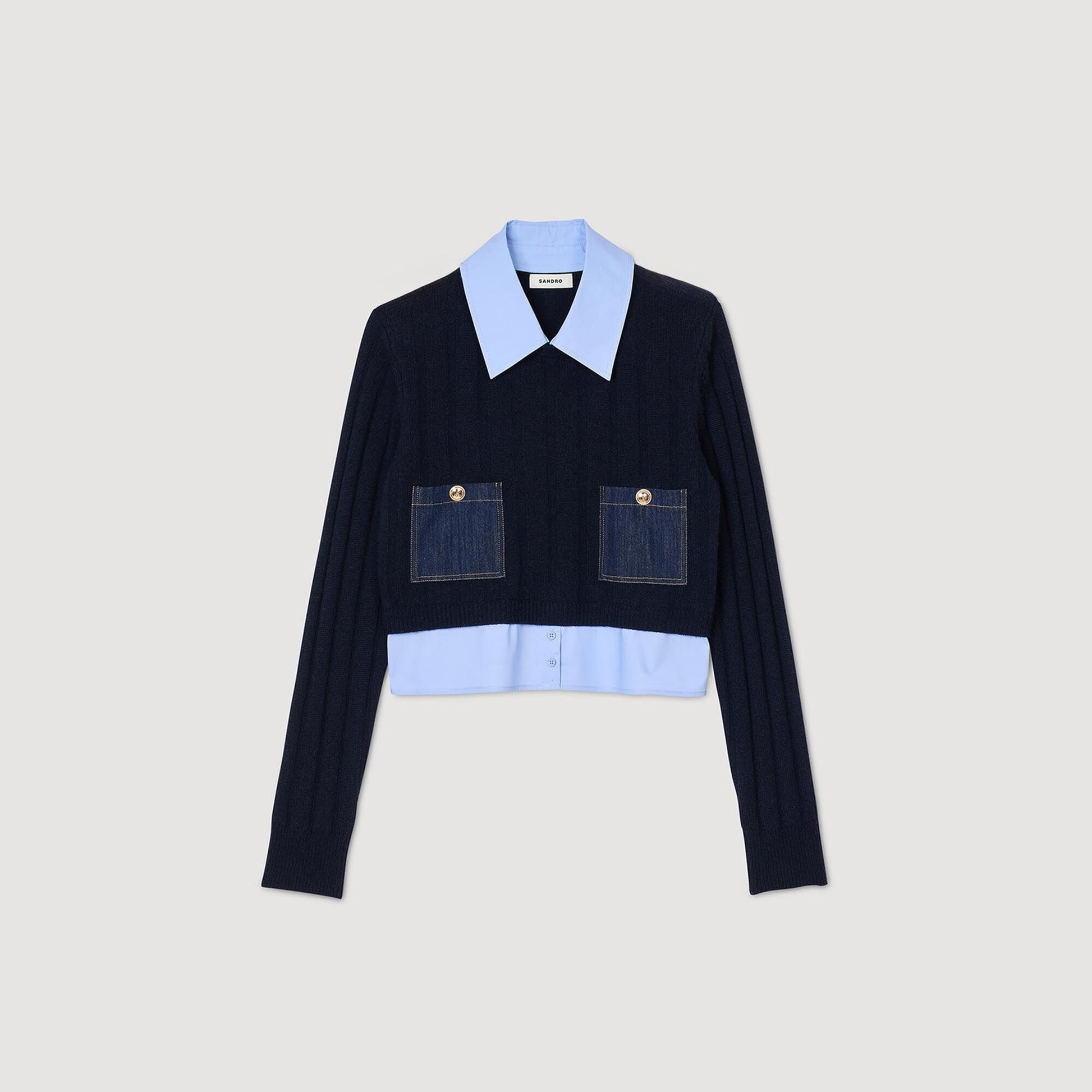 Sandro Cropped wool and cashmere sweater Navy Blue