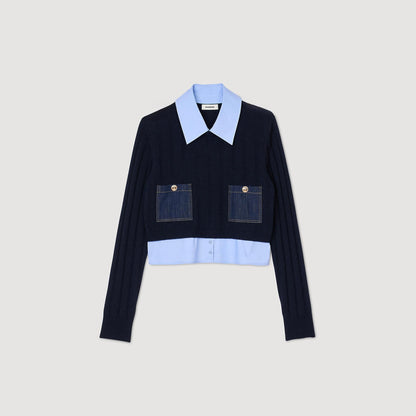 Sandro Cropped wool and cashmere sweater Navy Blue