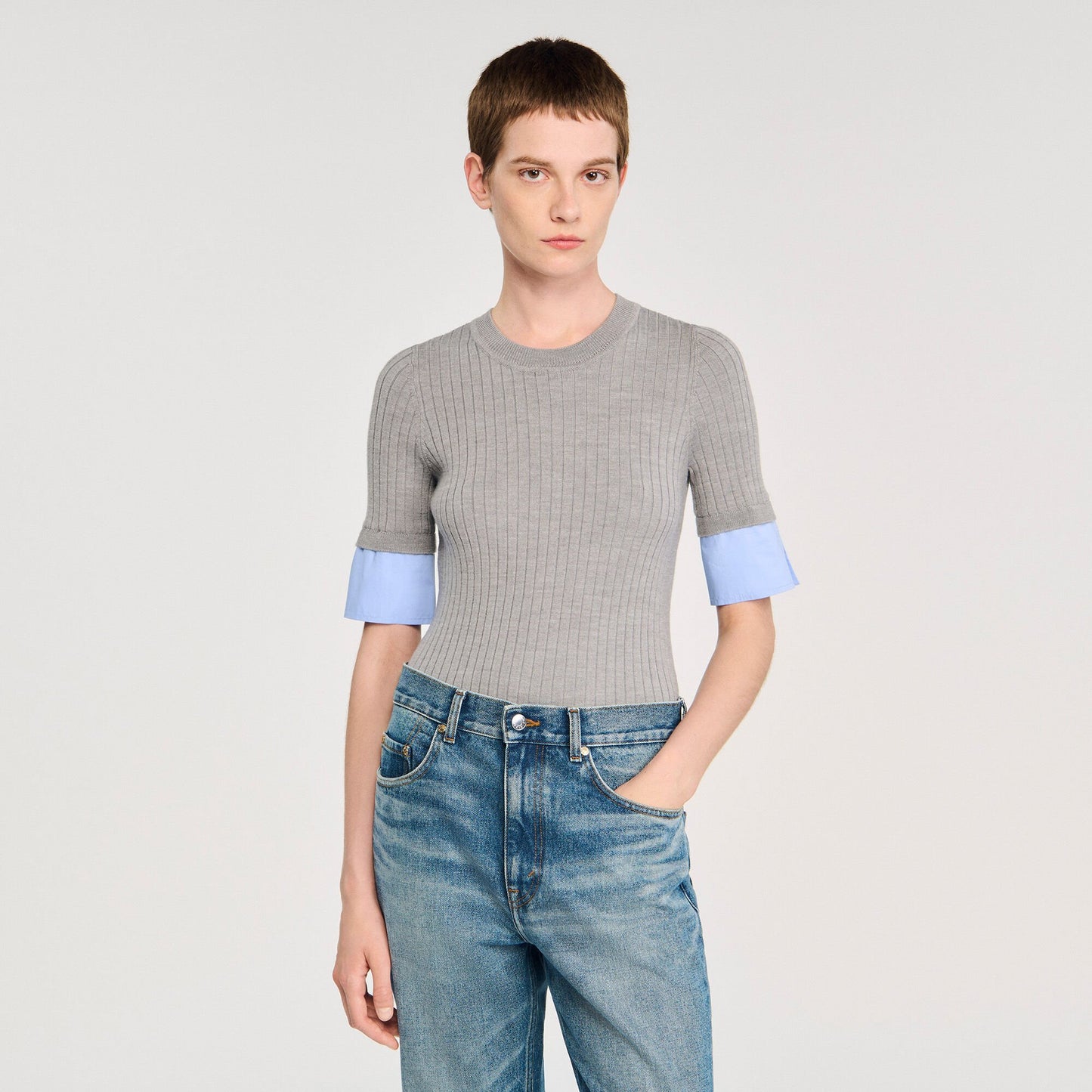 Sandro Sweater with contrast short sleeves Grey