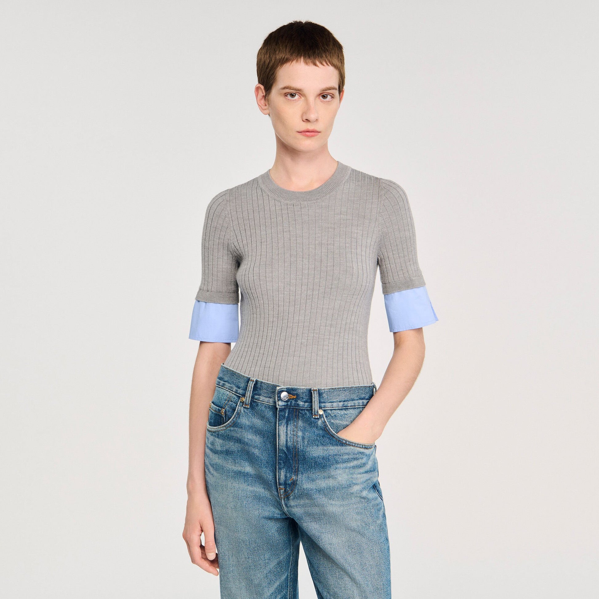 Sandro Sweater with contrast short sleeves Grey