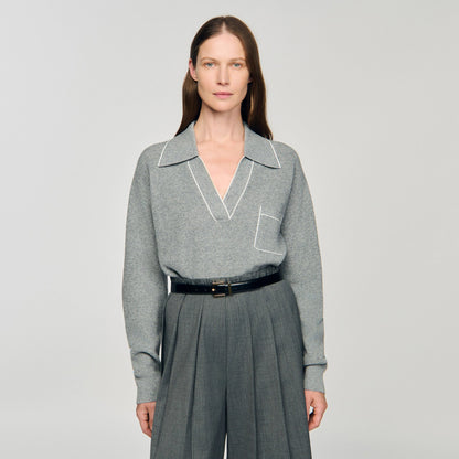 Sandro Open polo-collar neck sweater Grey