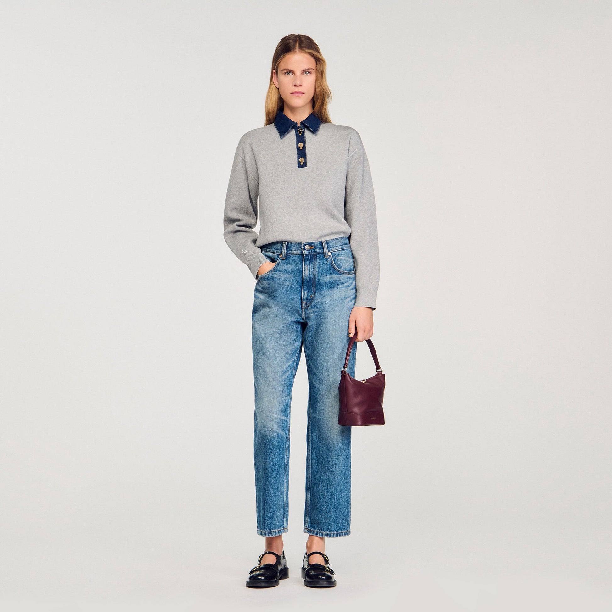 Sandro Sweater with denim collar Grey