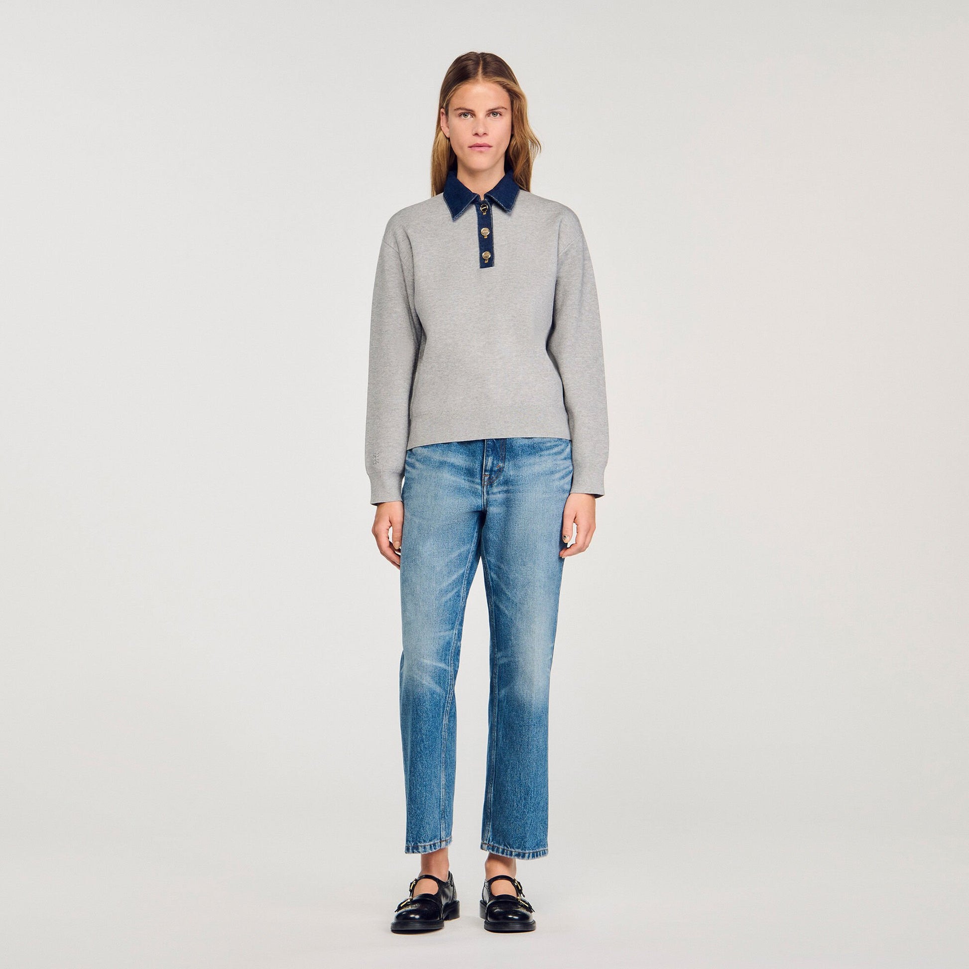 Sandro Sweater with denim collar Grey