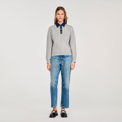 Sandro Sweater with denim collar Grey