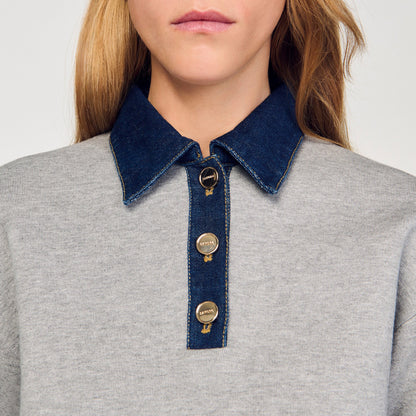 Sandro Sweater with denim collar Grey