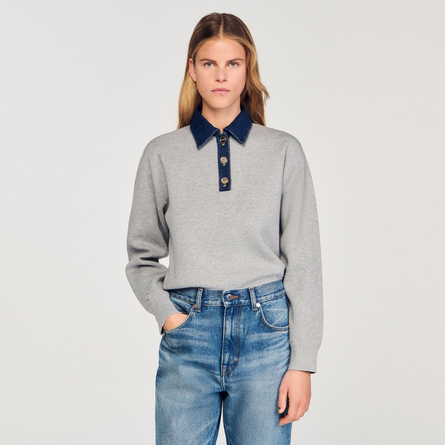 Sandro Sweater with denim collar Grey